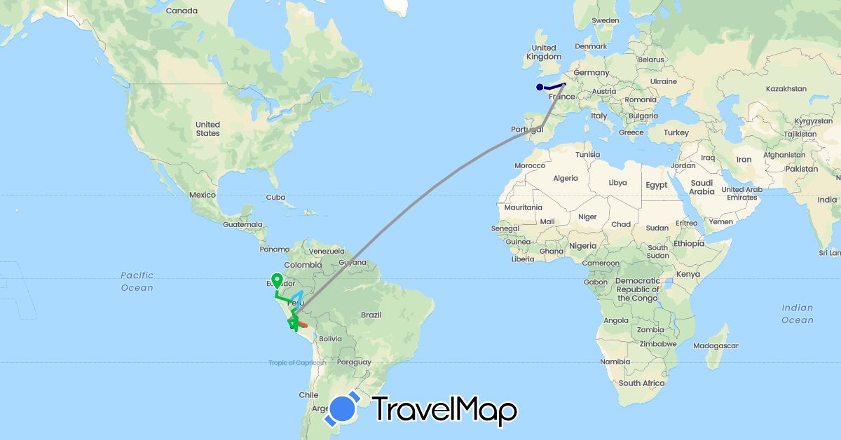 TravelMap itinerary: driving, bus, plane, hiking, boat in Spain, Peru (Europe, South America)